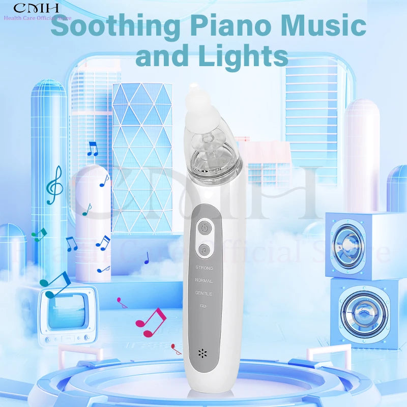 Electric Baby Nasal Aspirator 3 Suction Modes Rechargeable Music Lights Food Grade Silicone BPA-Free Anti-Backflow Nose Cleaner